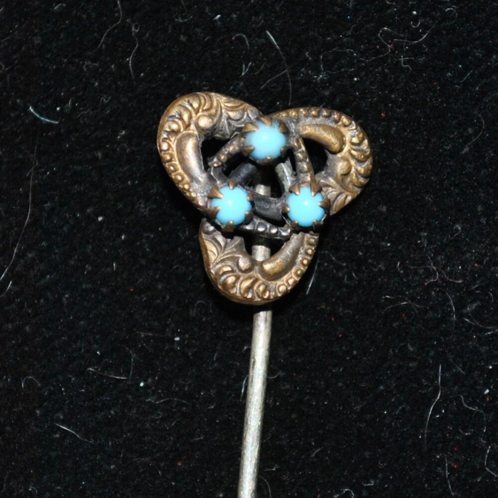 Antique Trinity Knot / Triskele Repousse Stick / Tie Pin with Blue Glass
